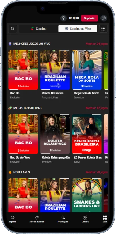 Seção Cassino Ao Vivo no aplicativo Zeroum Bet