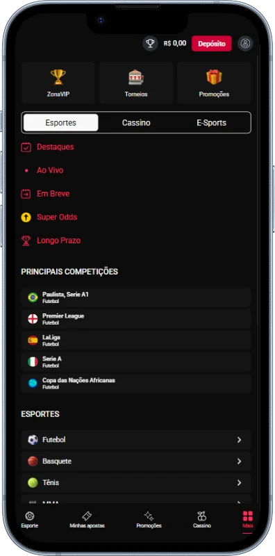 O menu no aplicativo Zeroum Bet contém as principais seções