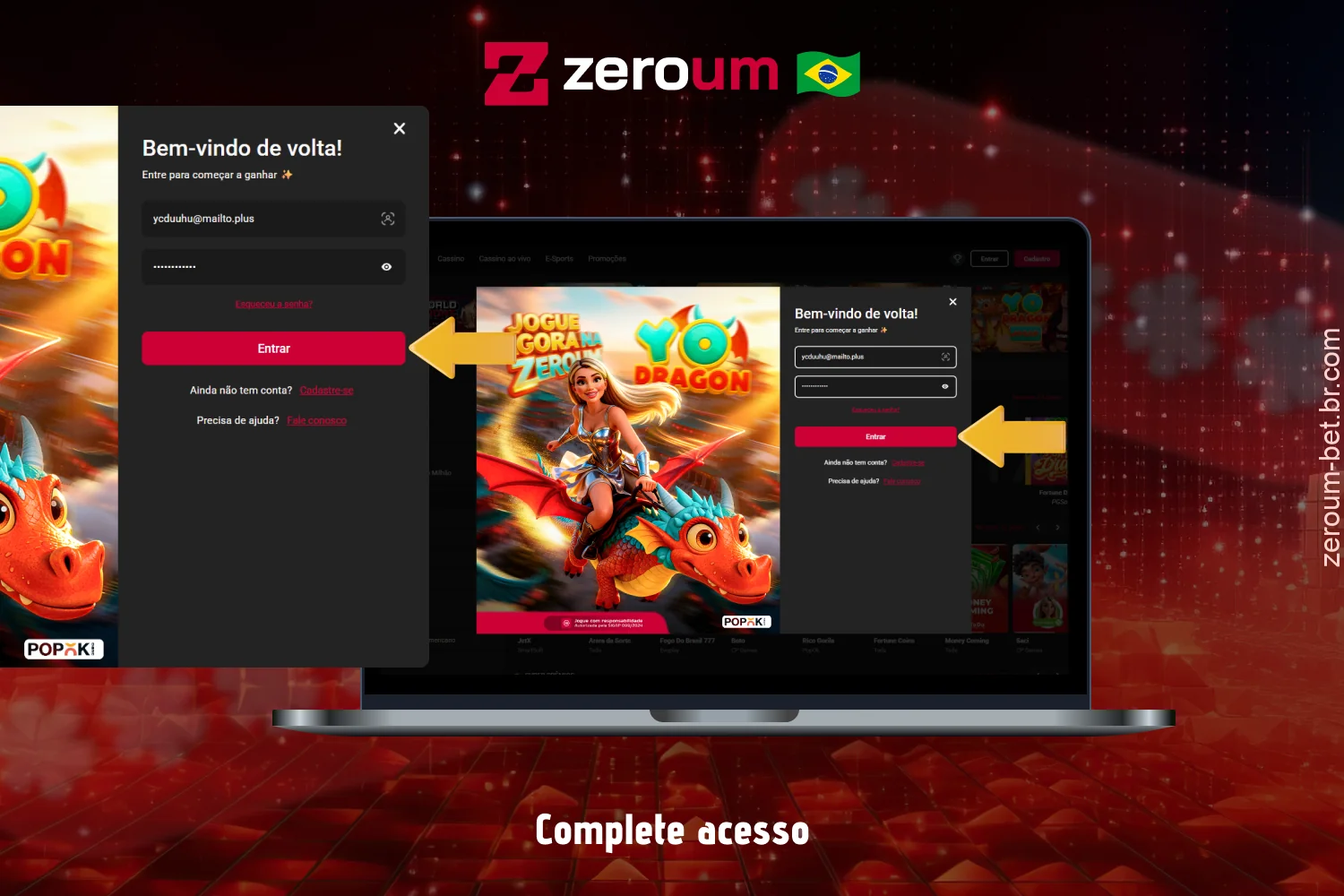 Clique no botão para acessar sua conta do Zeroum Bet