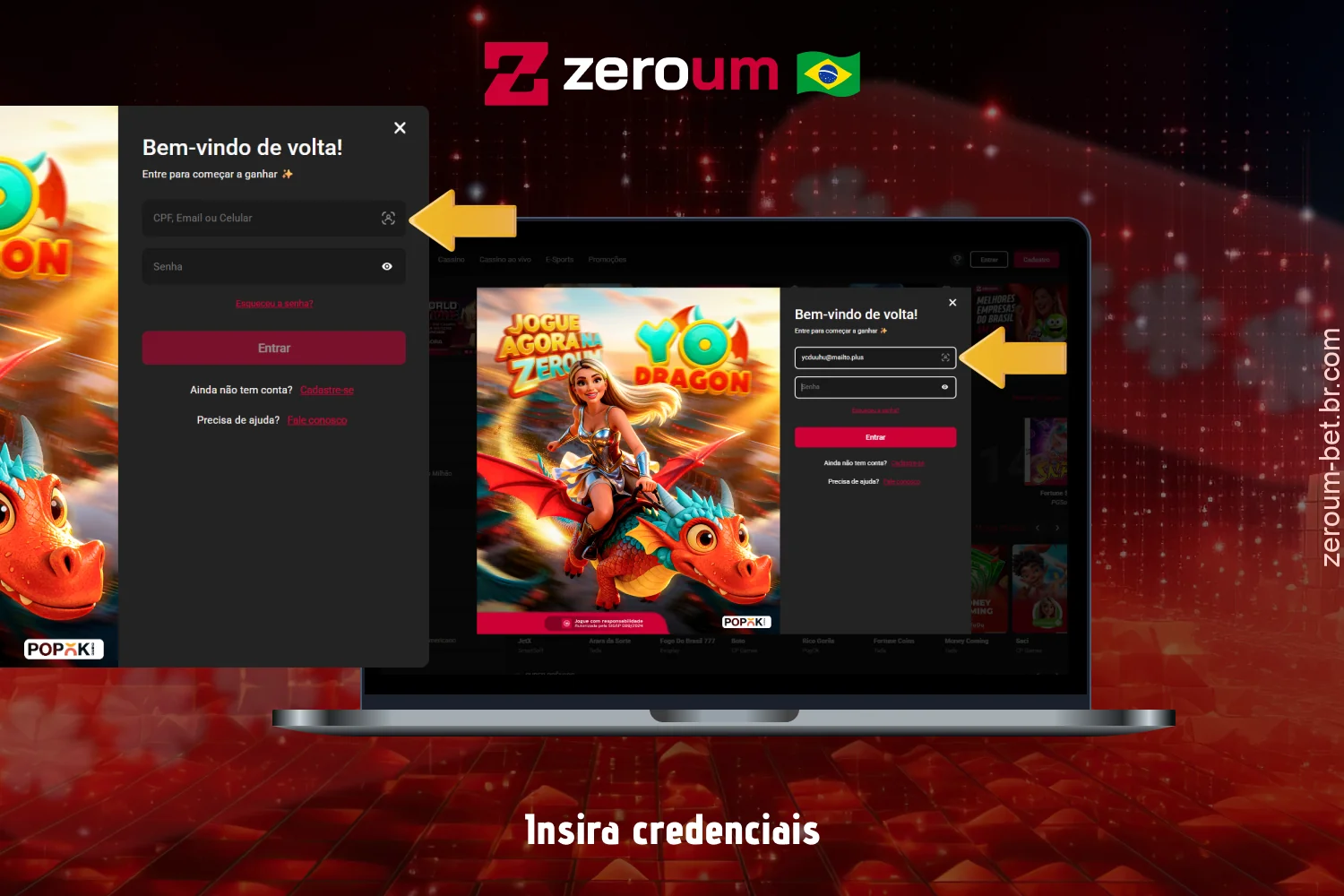 Digite os dados da conta fornecidos no registro do Zeroum Bet